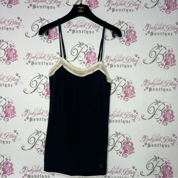 American Eagle tank top, black with cream lace Victorian coquette feminine - Picture 3 of 4